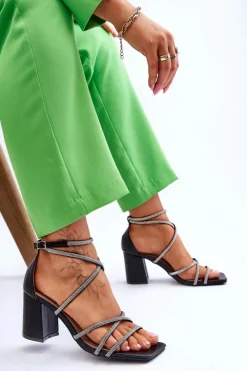 Boto Skórzane Damskie Sandały Z Cyrkoniami Na Obcasie Czarne Liviano