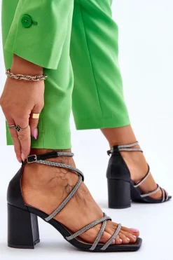 Boto Skórzane Damskie Sandały Z Cyrkoniami Na Obcasie Czarne Liviano