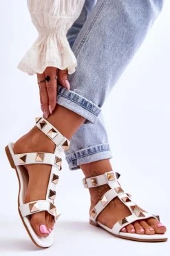 Sandały Płaskie>Boto Skórzane Damskie Sandały Z Dużymi Ćwiekami Białe Mishigan