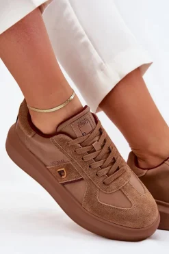 Sale Daniel Lopez Just Dare Skórzane Damskie Sneakersy Na Platformie SS2D4005 Brązowe Brązowy