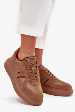 Sale Daniel Lopez Just Dare Skórzane Damskie Sneakersy Na Platformie SS2D4005 Brązowe Brązowy