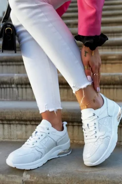 Discount Damskie buty S.Barski Skórzane Damskie Sneakersy Na Koturnie Białe Phiness