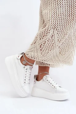 Hot Skórzane Damskie Sneakersy Z Bransoletą 4406 Białe Damskie Buty Sportowe Na Platformie