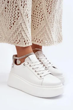 Hot Skórzane Damskie Sneakersy Z Bransoletą 4406 Białe Damskie Buty Sportowe Na Platformie