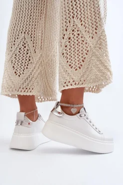 Hot Skórzane Damskie Sneakersy Z Bransoletą 4406 Białe Damskie Buty Sportowe Na Platformie