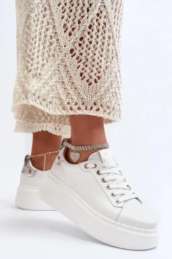 Hot Skórzane Damskie Sneakersy Z Bransoletą 4406 Białe Damskie Buty Sportowe Na Platformie