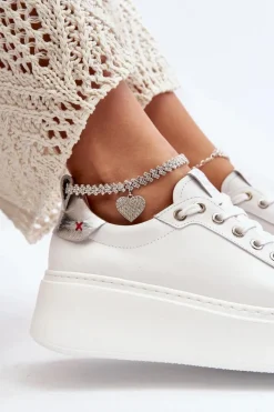 Hot Skórzane Damskie Sneakersy Z Bransoletą 4406 Białe Damskie Buty Sportowe Na Platformie