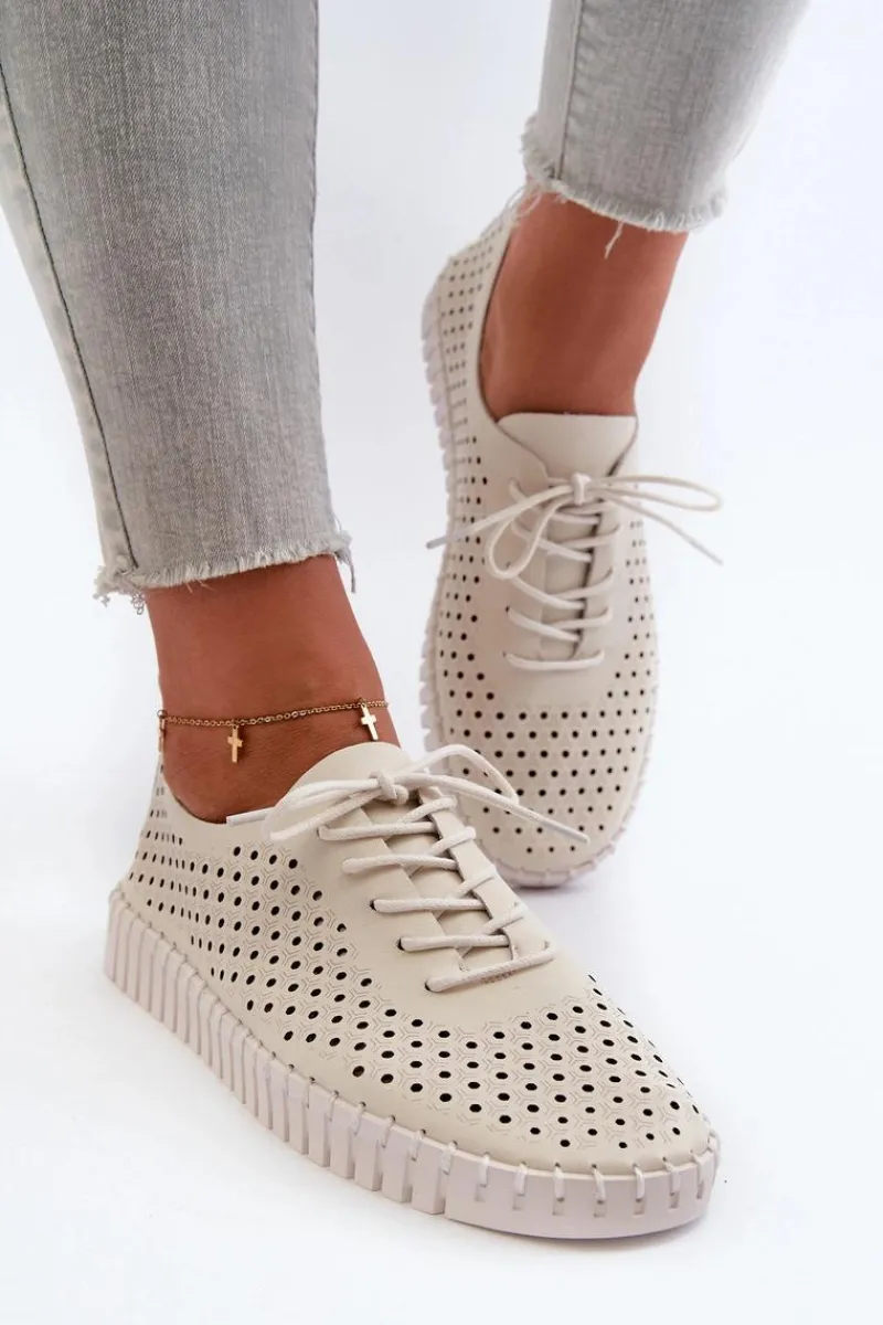 Sale Skórzane Damskie Trampki Z Ażurowym Wzorem Beżowe Ilvima Damskie Trampki Damskie Niskie