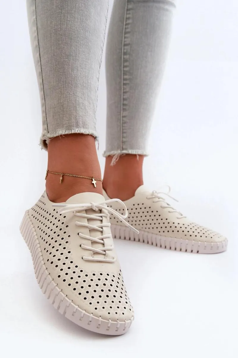 Sale Skórzane Damskie Trampki Z Ażurowym Wzorem Beżowe Ilvima Damskie Trampki Damskie Niskie