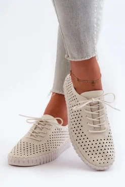 Sale Skórzane Damskie Trampki Z Ażurowym Wzorem Beżowe Ilvima Damskie Trampki Damskie Niskie