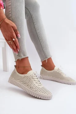 Sale Skórzane Damskie Trampki Z Ażurowym Wzorem Beżowe Ilvima Damskie Trampki Damskie Niskie