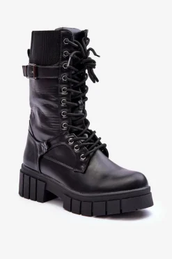 New Skórzane Damskie Wysokie Botki Workery Czarne Madit Damskie Damskie Trapery|Botki Sznurowane
