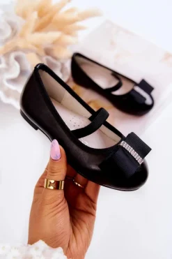 Skórzane Dziecięce Baleriny Z Ozdobną Kokardą Czarne Claril Dzieci Balerinki Dziecięce