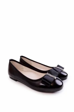 Skórzane Dziecięce Baleriny Z Ozdobną Kokardą Czarne Claril Dzieci Balerinki Dziecięce