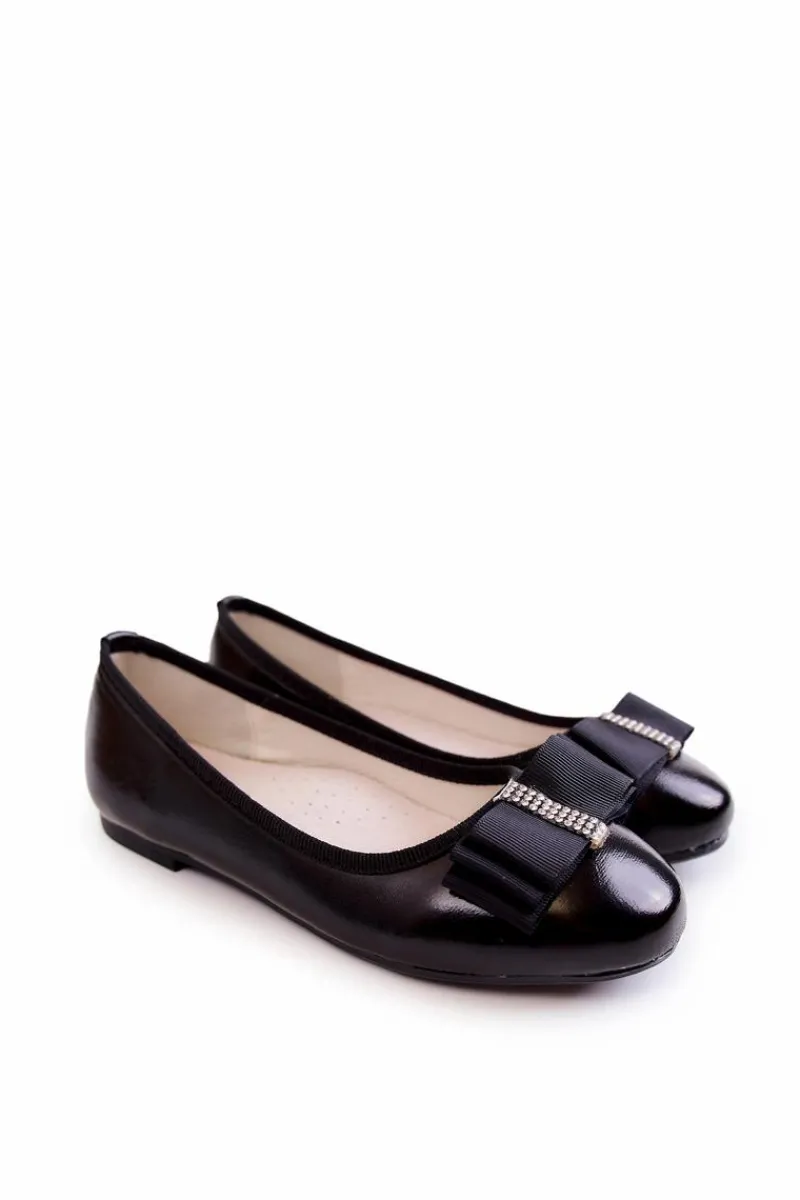 Skórzane Dziecięce Baleriny Z Ozdobną Kokardą Czarne Claril Dzieci Balerinki Dziecięce
