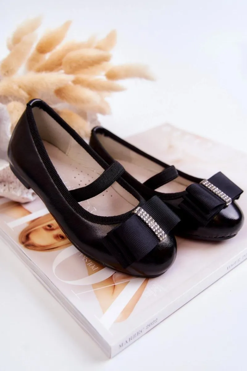Skórzane Dziecięce Baleriny Z Ozdobną Kokardą Czarne Claril Dzieci Balerinki Dziecięce