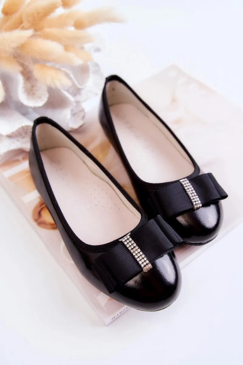 Skórzane Dziecięce Baleriny Z Ozdobną Kokardą Czarne Claril Dzieci Balerinki Dziecięce
