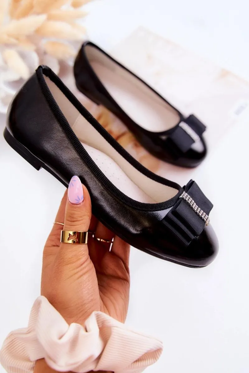 Skórzane Dziecięce Baleriny Z Ozdobną Kokardą Czarne Claril Dzieci Balerinki Dziecięce