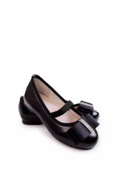 Skórzane Dziecięce Baleriny Z Ozdobną Kokardą Czarne Claril Dzieci Balerinki Dziecięce