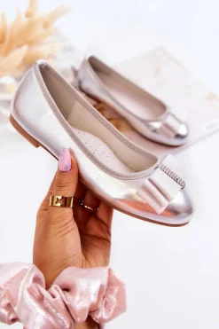 Hot Damskie buty S.Barski Skórzane Dziecięce Baleriny Z Ozdobną Kokardą Srebrne Claril Srebrny