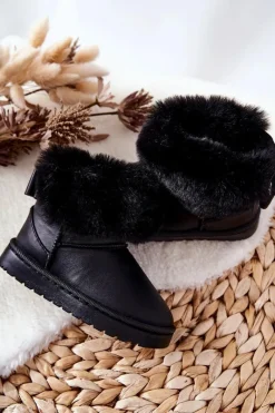 Boto Skórzane Dziecięce Botki Śniegowce Z Futerkiem Czarne Madie