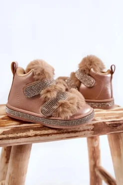 Dziewczęce></noscript>Boto Skórzane Dziecięce Śniegowce Ocieplane Złote Leela