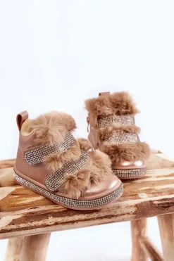 Dziewczęce></noscript>Boto Skórzane Dziecięce Śniegowce Ocieplane Złote Leela