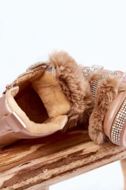 Dziewczęce></noscript>Boto Skórzane Dziecięce Śniegowce Ocieplane Złote Leela