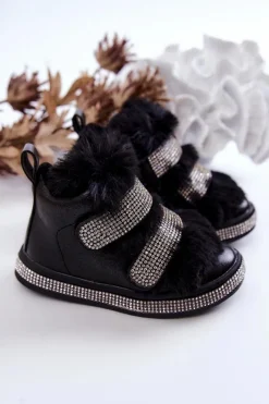 Dziewczęce></noscript>Boto Skórzane Dziecięce Śniegowce Ocieplane Czarne Leela