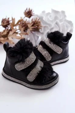 Dziewczęce></noscript>Boto Skórzane Dziecięce Śniegowce Ocieplane Czarne Leela