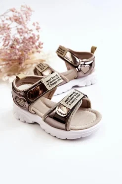 Discount Skórzane Dziecięce Sandały Na Rzepy Ciemnozłote Amoss Dzieci Dziewczęce