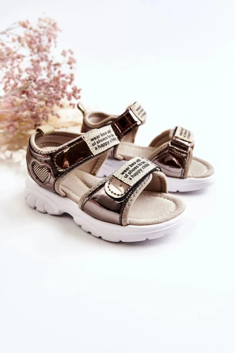 Discount Skórzane Dziecięce Sandały Na Rzepy Ciemnozłote Amoss Dzieci Dziewczęce