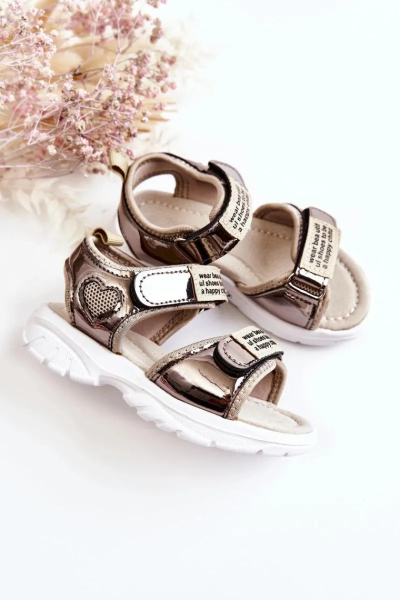 Discount Skórzane Dziecięce Sandały Na Rzepy Ciemnozłote Amoss Dzieci Dziewczęce