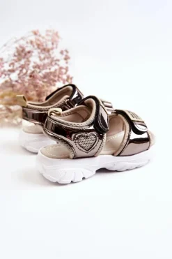 Discount Skórzane Dziecięce Sandały Na Rzepy Ciemnozłote Amoss Dzieci Dziewczęce