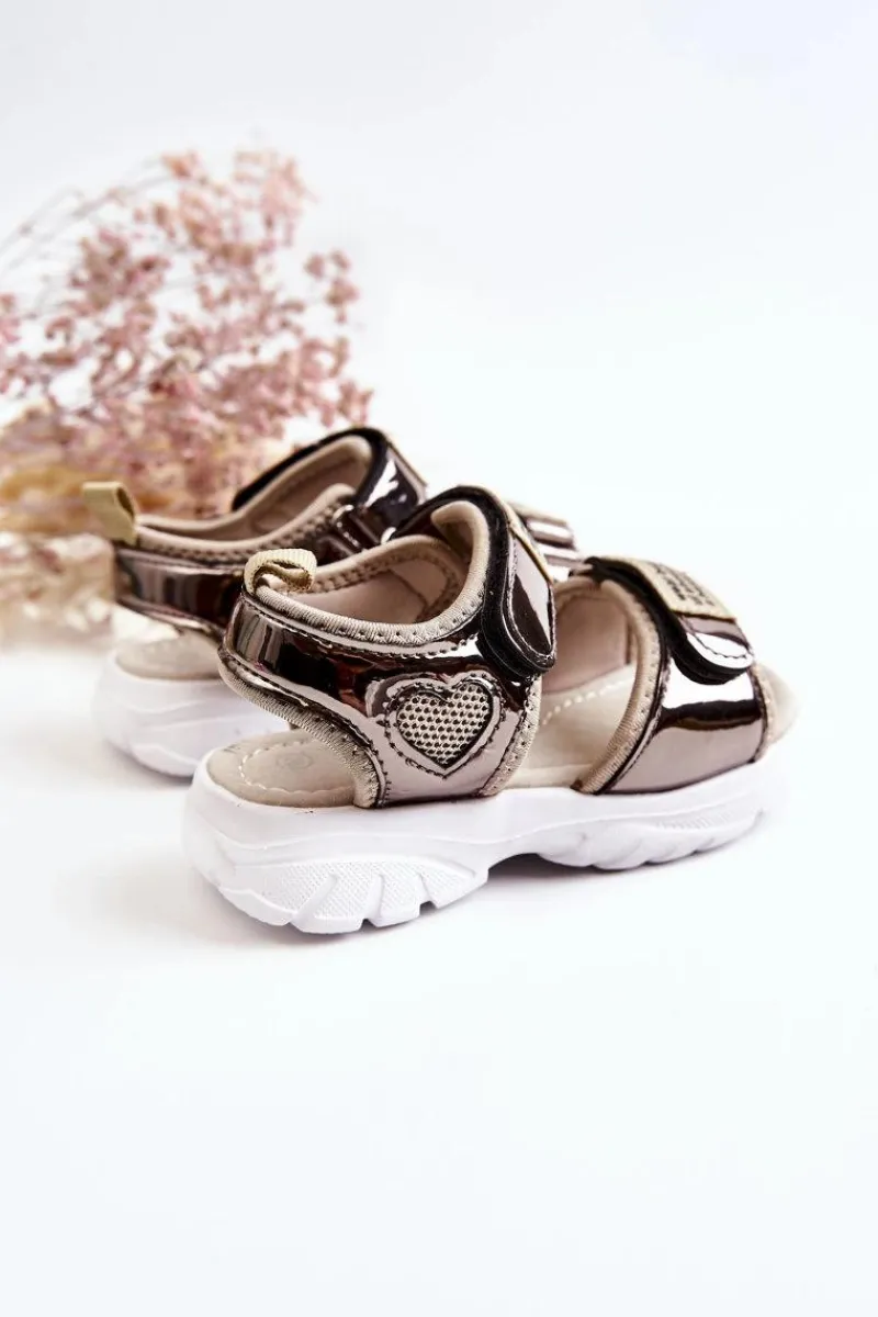 Discount Skórzane Dziecięce Sandały Na Rzepy Ciemnozłote Amoss Dzieci Dziewczęce