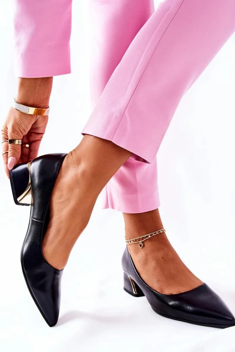 Czółenka Na Słupku>Damskie buty S.Barski Skórzane Eleganckie Czółenka Czarne Samira