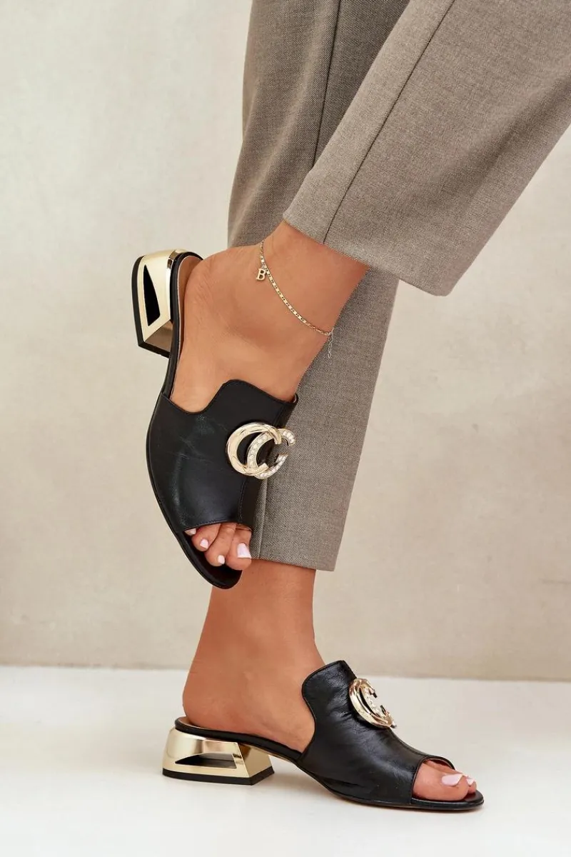 Klapki Na Obcasie|Klapki Damskie Klasyczne>Laura Messi Skórzane Eleganckie Klapki Damskie Na Niskim Obcasie 2874 Czarne