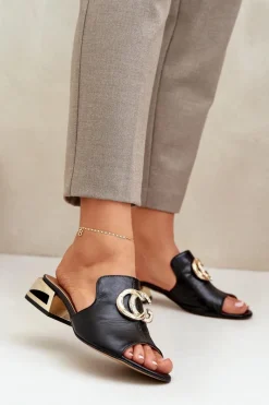 Klapki Na Obcasie|Klapki Damskie Klasyczne>Laura Messi Skórzane Eleganckie Klapki Damskie Na Niskim Obcasie 2874 Czarne