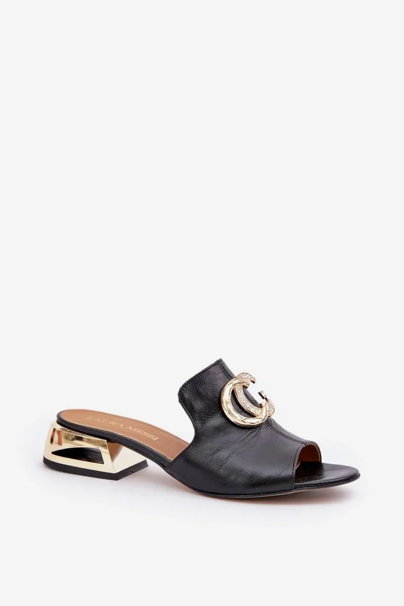 Klapki Na Obcasie|Klapki Damskie Klasyczne>Laura Messi Skórzane Eleganckie Klapki Damskie Na Niskim Obcasie 2874 Czarne