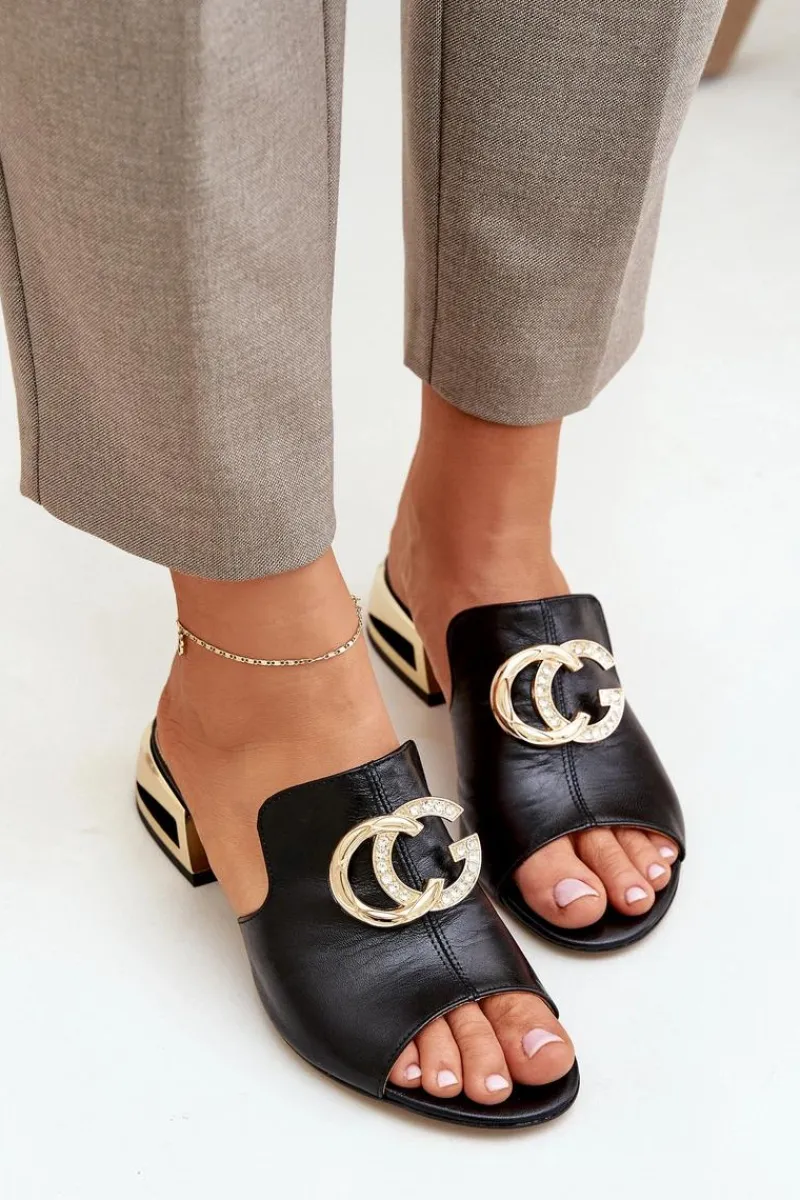 Klapki Na Obcasie|Klapki Damskie Klasyczne>Laura Messi Skórzane Eleganckie Klapki Damskie Na Niskim Obcasie 2874 Czarne