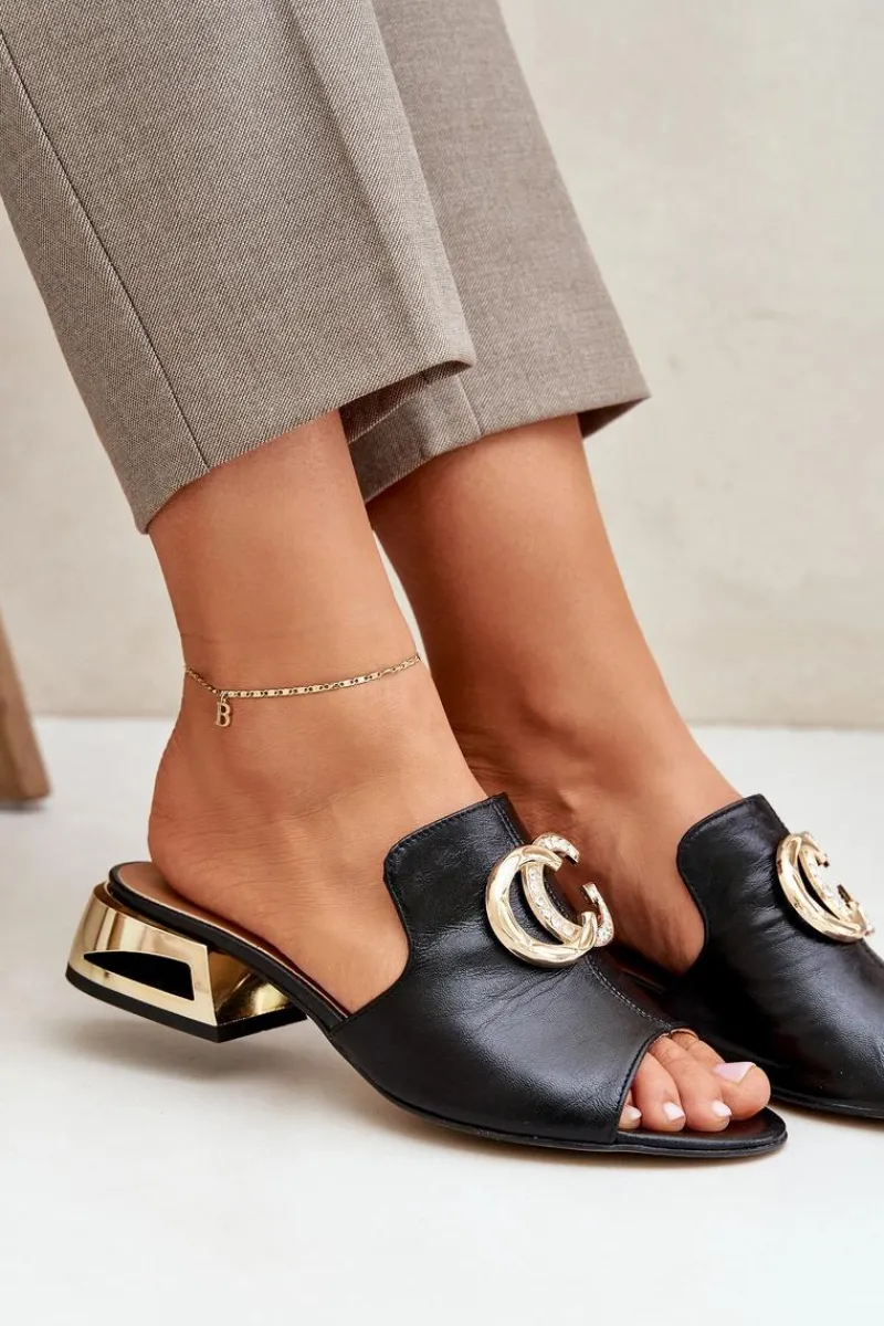 Klapki Na Obcasie|Klapki Damskie Klasyczne>Laura Messi Skórzane Eleganckie Klapki Damskie Na Niskim Obcasie 2874 Czarne