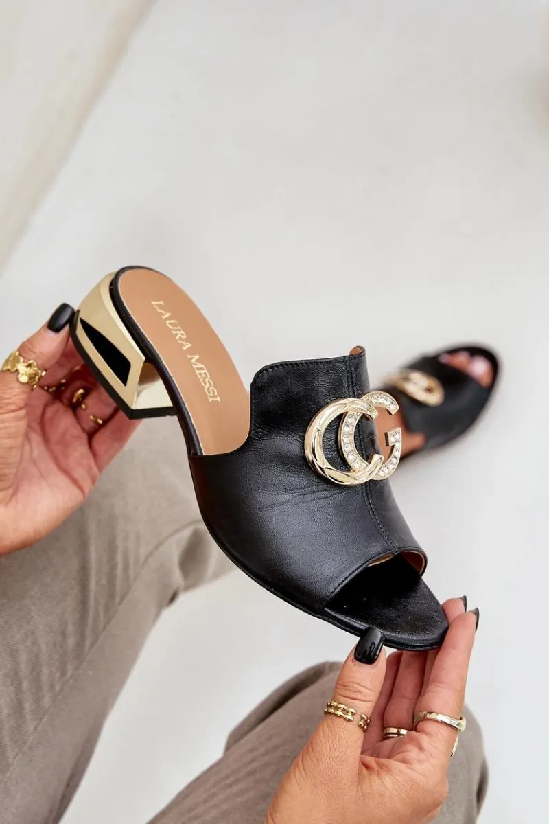 Klapki Na Obcasie|Klapki Damskie Klasyczne>Laura Messi Skórzane Eleganckie Klapki Damskie Na Niskim Obcasie 2874 Czarne