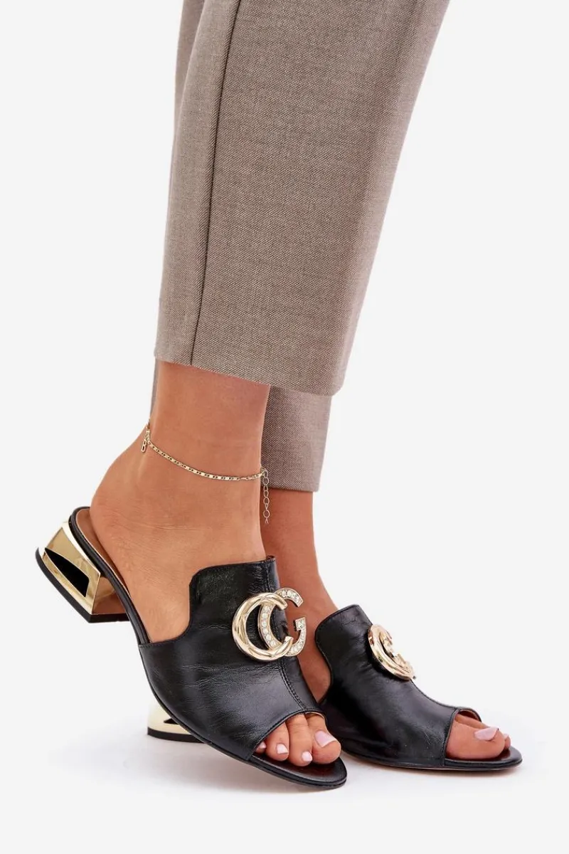 Klapki Na Obcasie|Klapki Damskie Klasyczne>Laura Messi Skórzane Eleganckie Klapki Damskie Na Niskim Obcasie 2874 Czarne