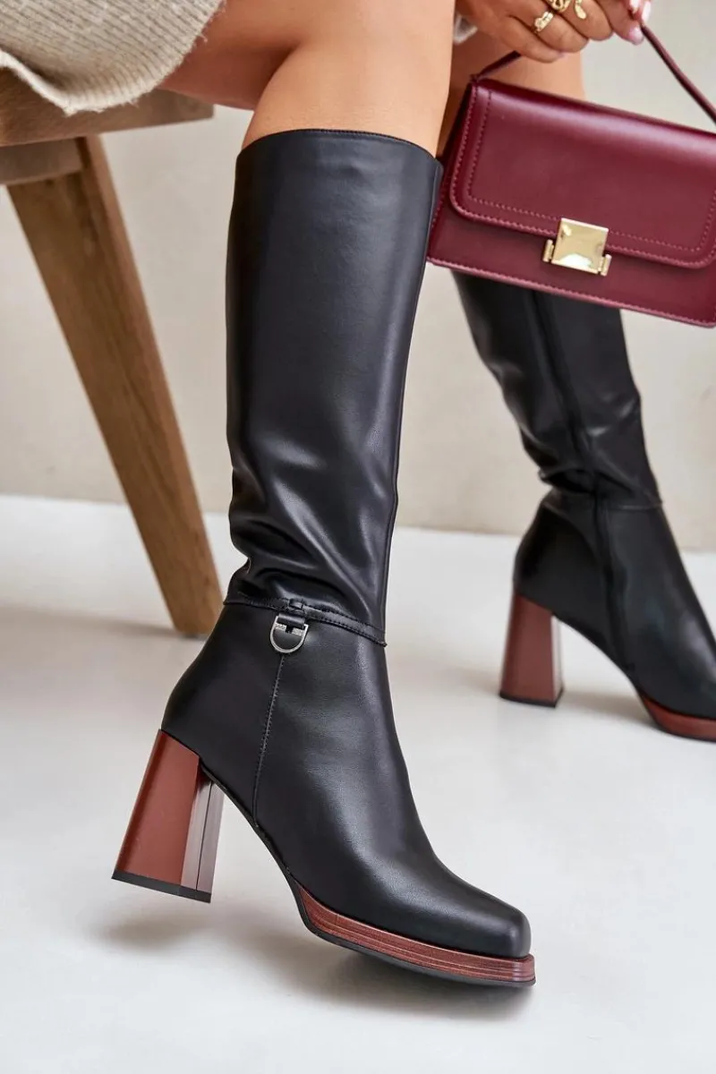 Kozaki Na Obcasie|Kozaki Przed Kolano>Damskie buty S.Barski Skórzane Eleganckie Kozaki Na Słupku Ocieplane D&A JC42-39 Czarne