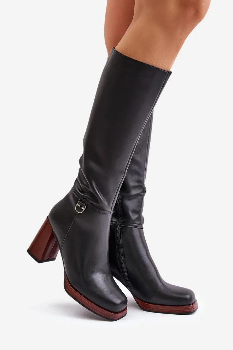 Kozaki Na Obcasie|Kozaki Przed Kolano>Damskie buty S.Barski Skórzane Eleganckie Kozaki Na Słupku Ocieplane D&A JC42-39 Czarne