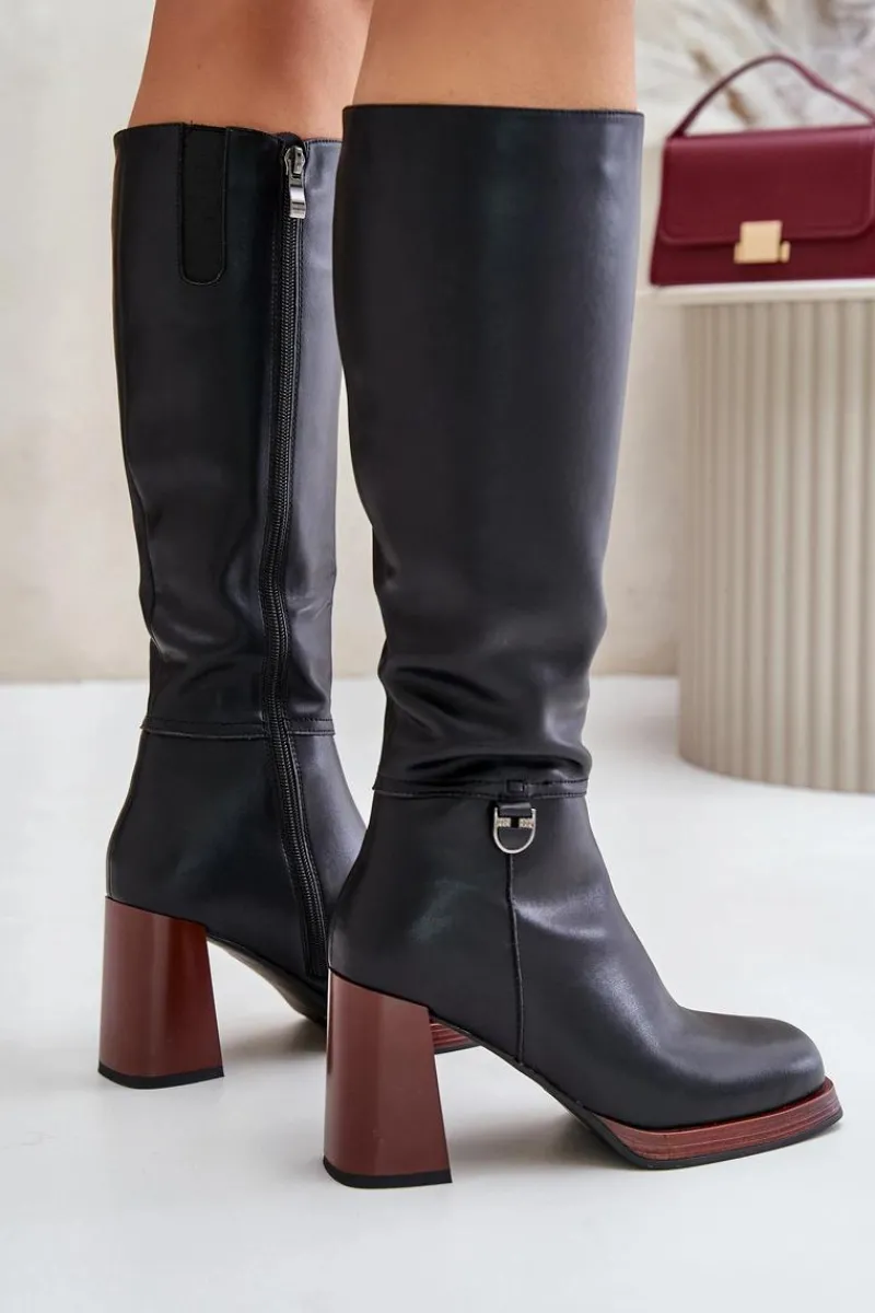 Kozaki Na Obcasie|Kozaki Przed Kolano>Damskie buty S.Barski Skórzane Eleganckie Kozaki Na Słupku Ocieplane D&A JC42-39 Czarne