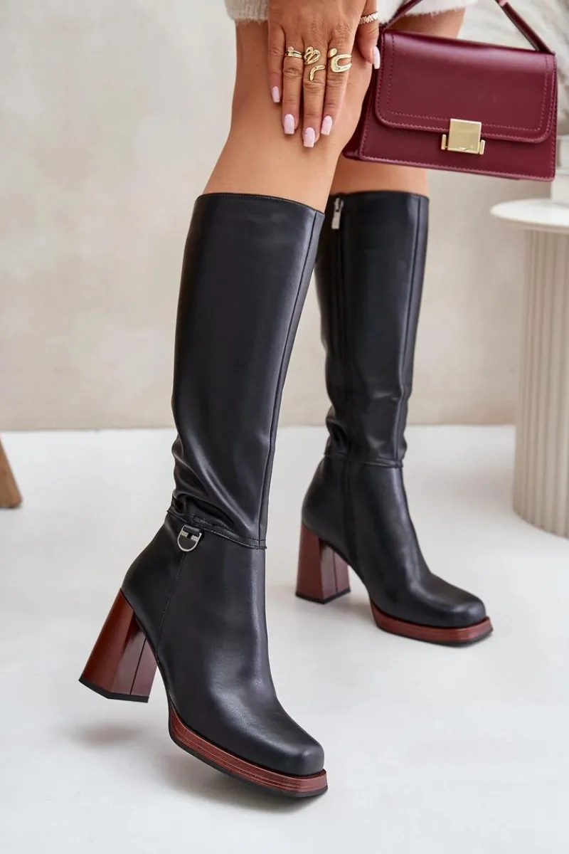 Kozaki Na Obcasie|Kozaki Przed Kolano>Damskie buty S.Barski Skórzane Eleganckie Kozaki Na Słupku Ocieplane D&A JC42-39 Czarne