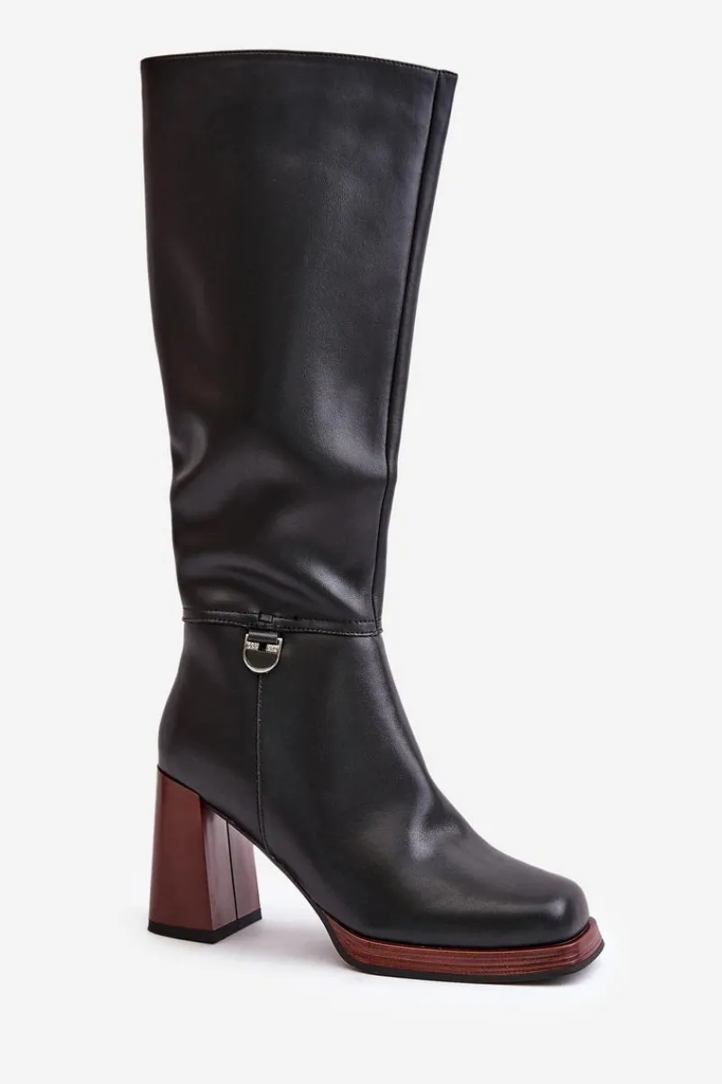 Kozaki Na Obcasie|Kozaki Przed Kolano>Damskie buty S.Barski Skórzane Eleganckie Kozaki Na Słupku Ocieplane D&A JC42-39 Czarne