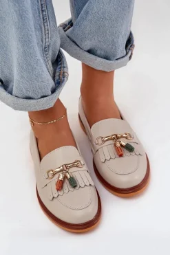 Clearance Skórzane Eleganckie Mokasyny Na Płaskim Obcasie S.Barski LR51-768 Beżowe Damskie Mokasyny Damskie Lakierowane