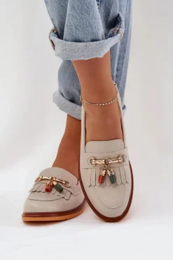 Clearance Skórzane Eleganckie Mokasyny Na Płaskim Obcasie S.Barski LR51-768 Beżowe Damskie Mokasyny Damskie Lakierowane